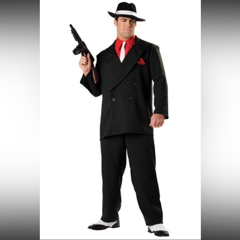 Black Pinstripe Gangster Costume with Red Accents